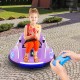 Purple 12V electric ride-on car with remote control, LED lights, and 360-degree rotation for kids' fun and safety.
